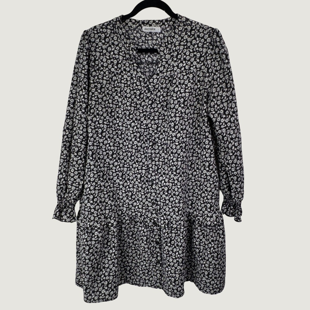 Grace Karin Floral Mini Dress L Black White Long Sleeve Boho Cottagecore